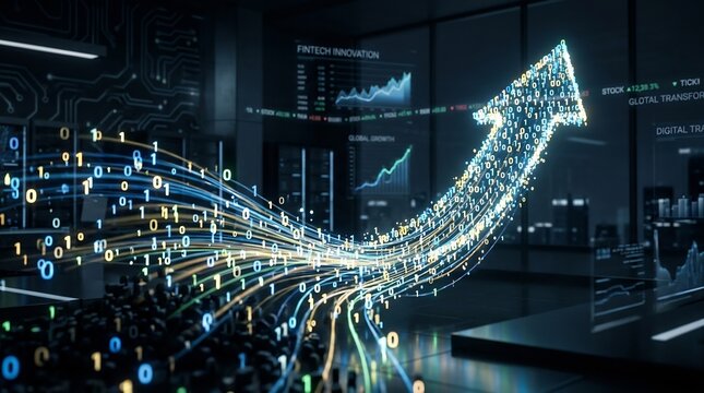 Digital binary code particles forming an upward arrow in a futuristic high-tech server room with financial data charts