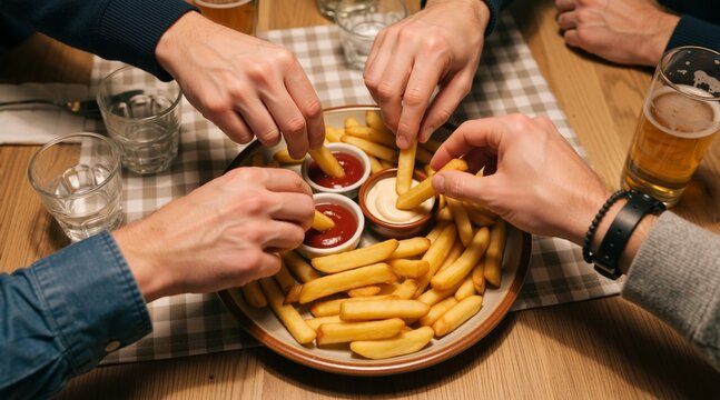 Group of friends sharing french fries at a pub. Hands dipping potato chips into ketchup and mayonnaise. Social dining and fast food concept. Copy space for text