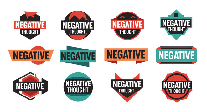 Collection of geometric vector badges conveying the concept of negative thought, featuring bold typography and a vibrant color palette of red, orange, teal, and black, perfect for