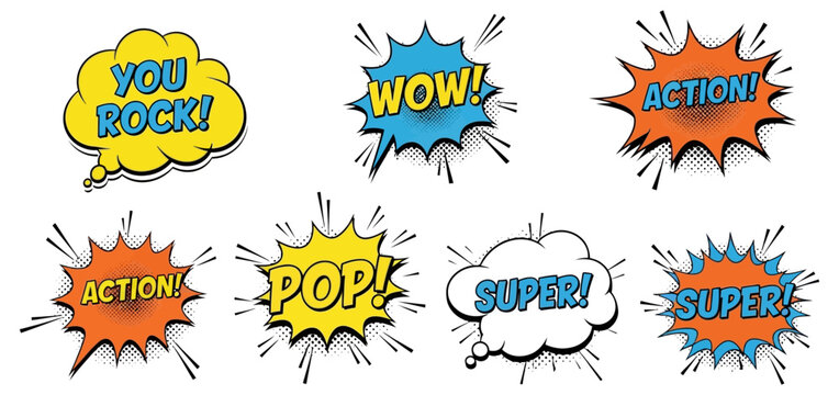 Comic book speech bubbles and action words