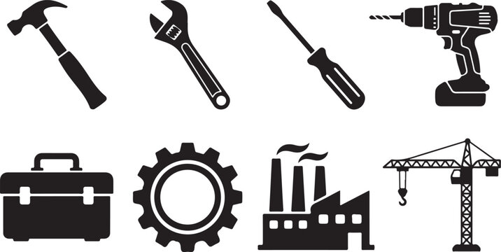 Industrial tools and machinery icons, construction and factory equipment symbols, black silhouette vector graphics