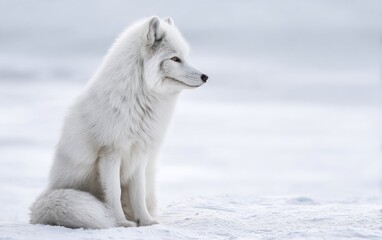 Obraz premium Arctic fox sitting quietly on snow-covered ground in winter landscape