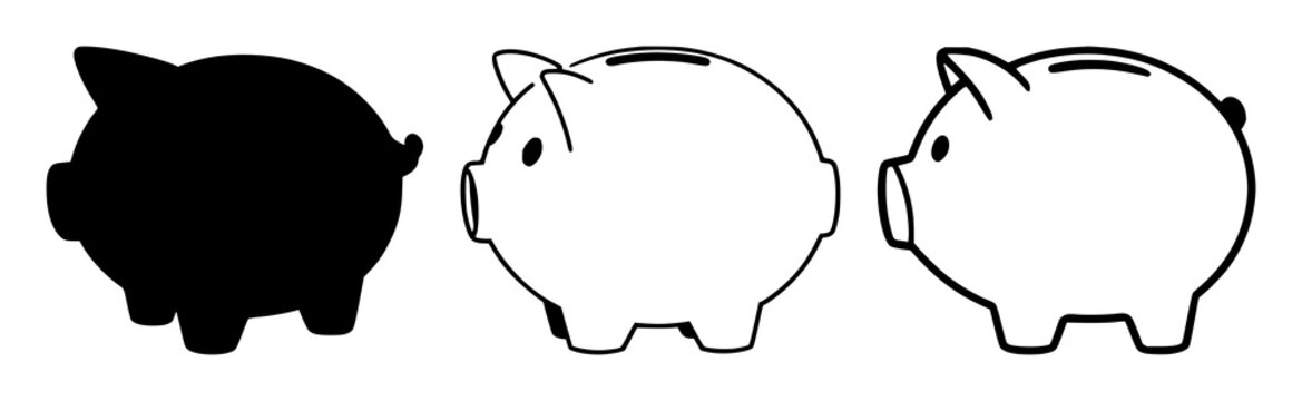 Piggy bank set with solid black icon design on white background featuring digital currency, finance, and savings with neon accents and vector lines and minimalist style
