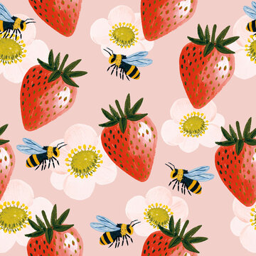 Strawberries and bees on a pink background with flowers in a simple pattern