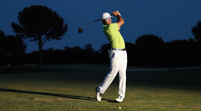 Man golfer executes powerful swing on grass course at twilight. Athlete focuses on ball, holding club with precision, preparing for game. Evening sport activity, athletic posture.