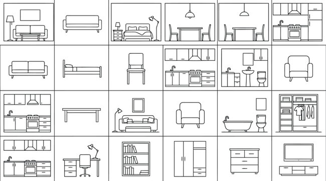 Set of side view furniture icons for interior design