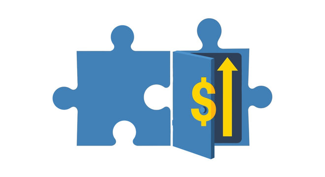 Blue puzzle piece with dollar sign.