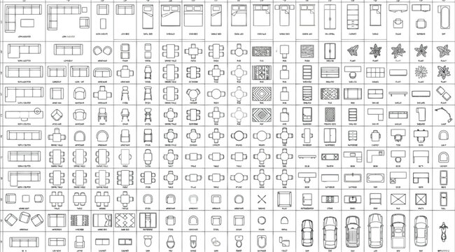 Comprehensive collection of architectural furniture and fixture symbols for floor plan design