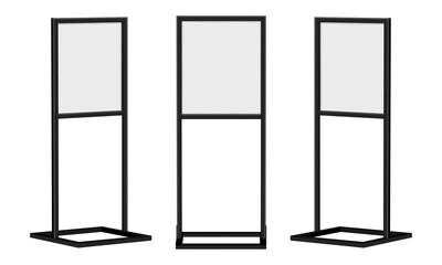 Set of blank metal poster holder stands for store signage, retail advertising, information display, menu, navigation and branding presentation isolated on white background © Evgeniy Zimin