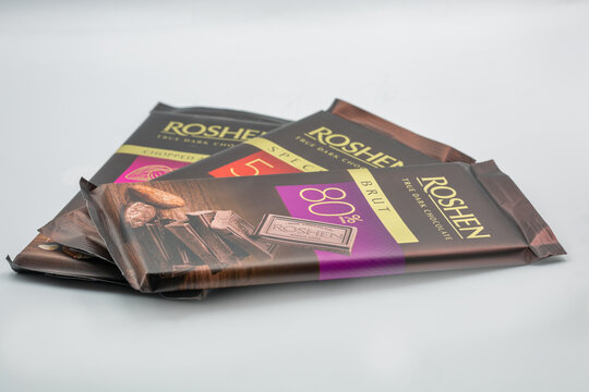Three bars of Roshen true dark chocolate assortment closeup.