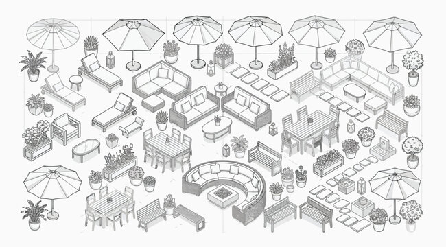 Outdoor furniture and garden decor isometric collection
