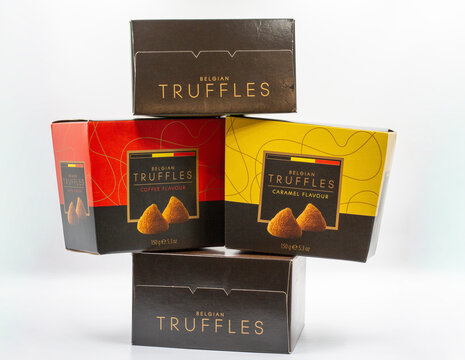 Assortment of Belgian Truffles in Extra Dark, Coffee, Caramel flavors.
