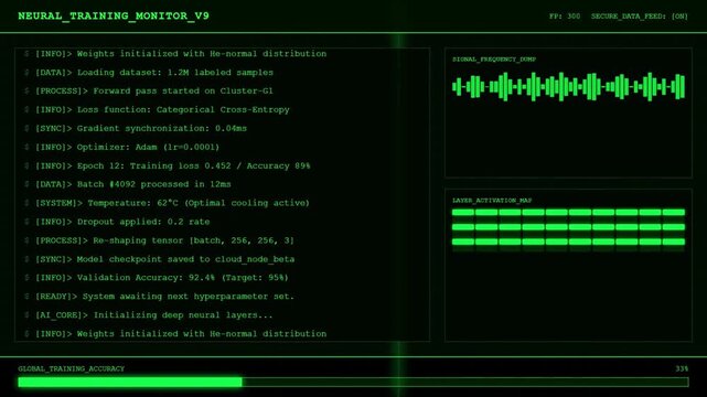 Neural Network Training Monitor for Deep Learning with Artificial Intelligence Model Checkpoint and Tensor Data Processing Animation.