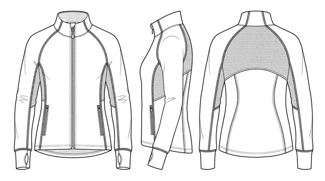 Warm up jacket technical drawing blueprint with front side and back views CAD line art vector illustration