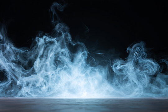 Mystical mist. Swirling smoke in dark and light symphony. Fluid fantasia. Abstract fog and light on floor with black background