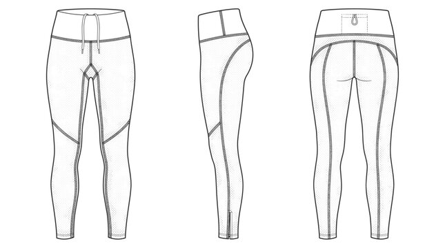 Surf leggings technical drawing blueprint with front side back and top views CAD line art vector illustration
