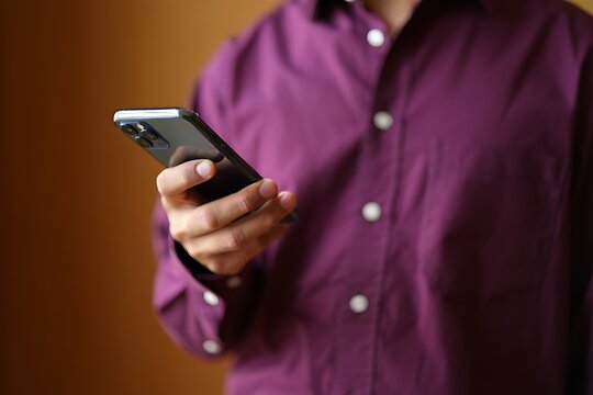 Person in purple shirt holding black smartphone with multiple cameras hand mobile