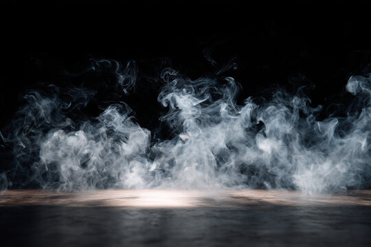 Mystical mist. Swirling smoke in dark and light symphony. Fluid fantasia. Abstract fog and light on floor with black background