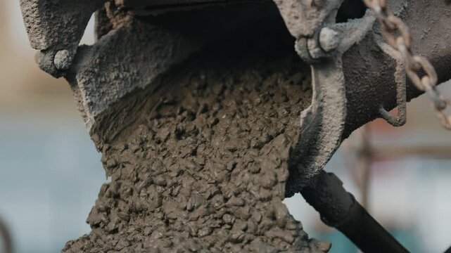 Pouring concrete from mixer chute during construction close up