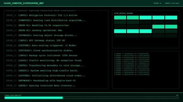 Cloud Compute Distributed Network with Auto Scaling Nodes and Live Packet Stream Data Processing Digital Interface Animation.