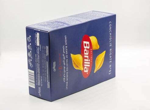 Barilla Conchiglie Rigate n.93 pasta box packaging closeup on white.