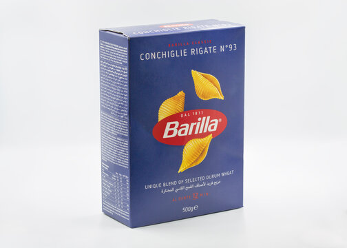 Barilla Conchiglie Rigate n.93 pasta box packaging closeup on white.