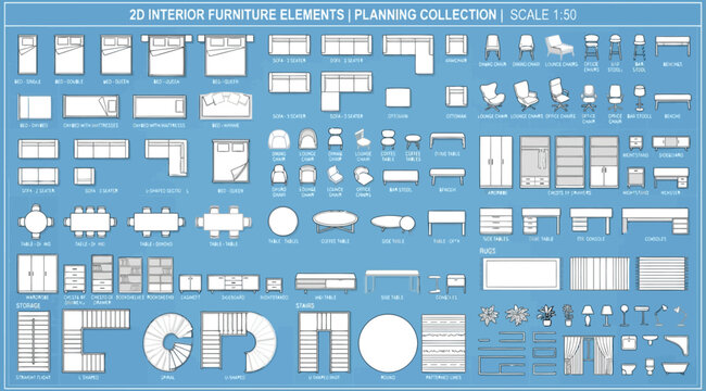 2d interior furniture elements planning collection for architectural floor plans
