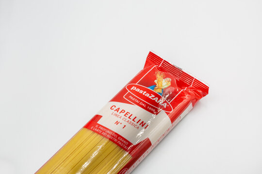 Pasta Zara Capellini n.1 classic line packaging closeup on white.