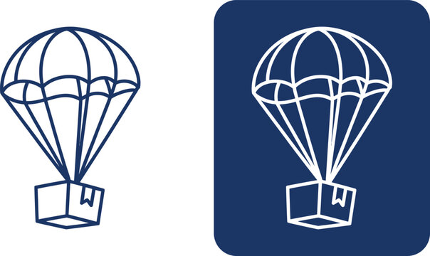 Parachute with delivery box blue outline and white shape on dark blue square