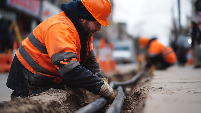 Dedicated worker install communication lines within trench, ensuring crucial infrastructure connection for vital services in urban street environment
