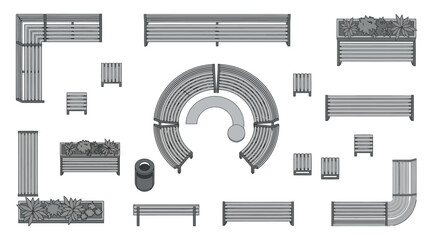 Top view of contemporary outdoor park furniture collection, benches, planters, and circular seating modules © Saharia