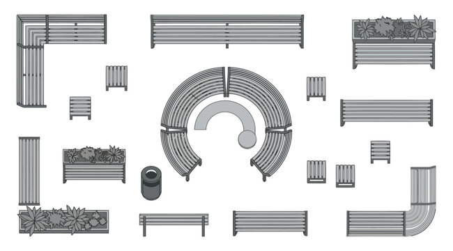 Top view of contemporary outdoor park furniture collection, benches, planters, and circular seating modules