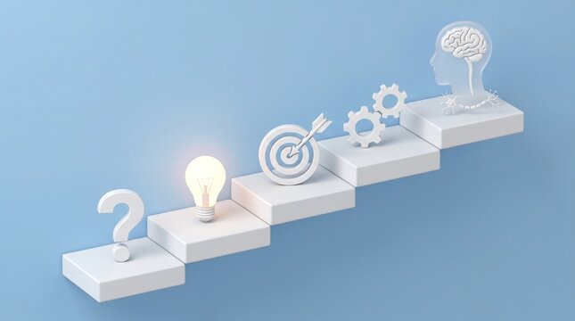 Path to Innovation: A visual representation of the stages of the innovation process, from initial questioning to brainstorming, goal setting, teamwork, and finally, the culmination of new ideas