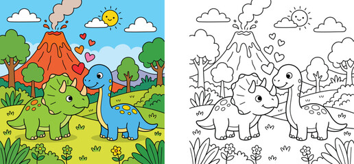 Dinosaur Coloring Page Illustration for Children Featuring Cute Triceratops and Long Neck Brachiosaurus in a Prehistoric Landscape with Erupting Volcano and Nature Background © MMONIR