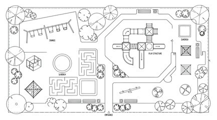 Topdown architectural site plan of a modern childrens playground with swings, play structures, mazes, and sandboxes © Saharia