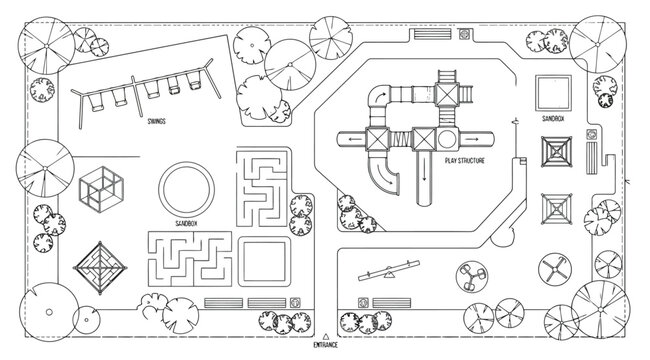 Topdown architectural site plan of a modern childrens playground with swings, play structures, mazes, and sandboxes