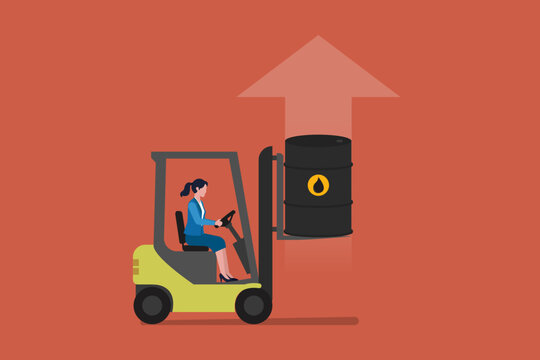 Global oil price surge and energy crisis concept with Business woman lifting oil rising charts and oil barrels