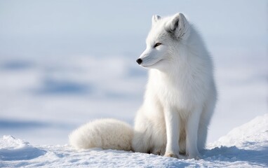Obraz premium Majestic Fox Sitting Quietly on Snowy Ground in Winter Landscape