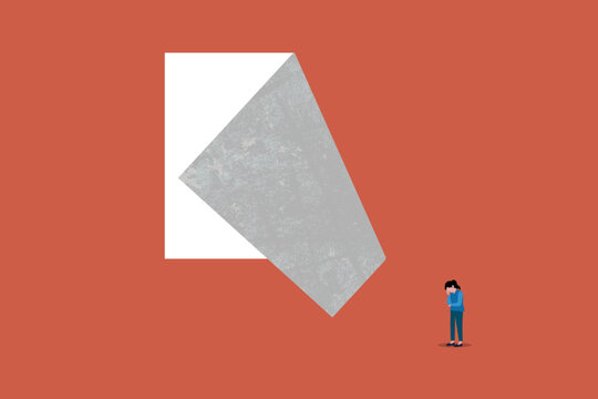 Business challenge concept illustration showing stressed employee facing huge obstacle, financial pressure, problem solving, risk management, corporate crisis