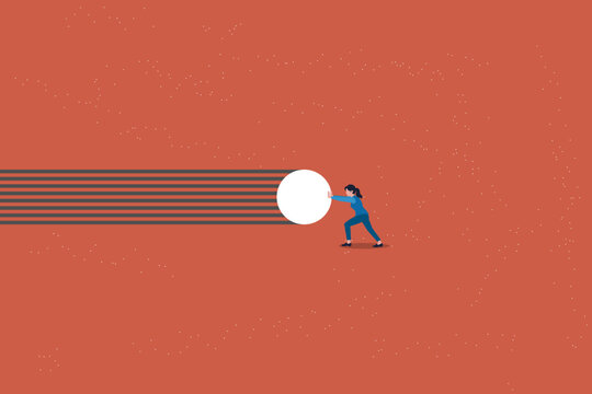 Business woman pushing big ball. concept of difficulty, ambition, motivation, struggle