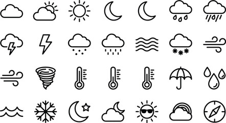 Naklejka premium Weather forecast icons set with various symbols for sun moon clouds rain snow wind temperature and more used for illustrating different meteorological conditions