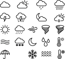 Fototapeta premium Weather icons set for forecasting and climate prediction various symbols for rain snow wind sun moon and temperature