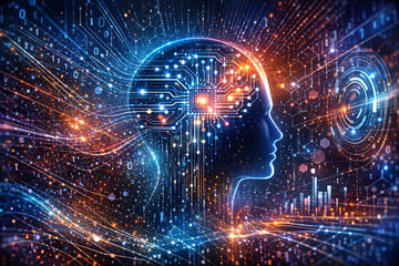Obraz premium Human head merges with digital circuitry, glowing with data streams. Neon lines pulse around the silhouette, suggesting neural activity. Abstract technology surrounds the figure
