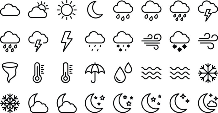 Weather forecast icons set with cloud sun moon rain snow storm wind temperature and night symbols  weather icons collection
