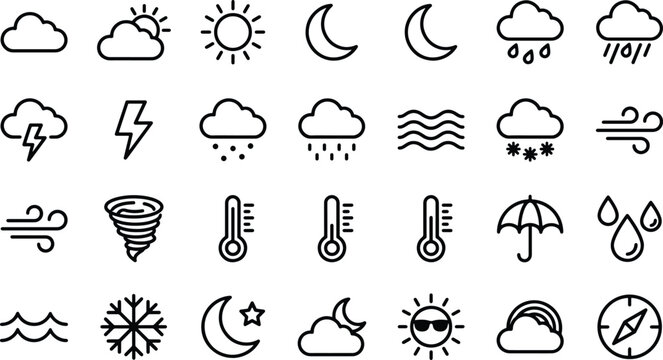 Weather forecast icons set with various symbols for sun moon clouds rain snow wind temperature and more  used for illustrating different meteorological conditions
