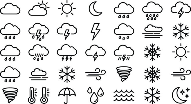 Weather icons set including sun moon clouds rain snow wind lightning temperature and more for forecasting and climate symbols isolated on white background