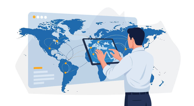 Man using tablet with world map data visualization, global network concept