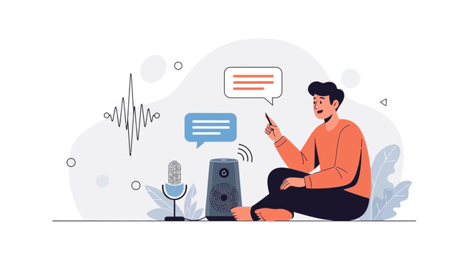 Man using voice assistant and smart speaker with waveform and chat bubbles