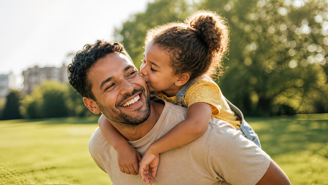 Happy father and little daughter sharing a tender moment together in a sunny park with the girl giving her dad a piggyback ride and a sweet kiss on the cheek