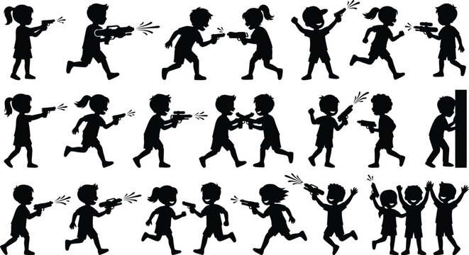 Children playing with toy guns in a row isolated on white background, Vector